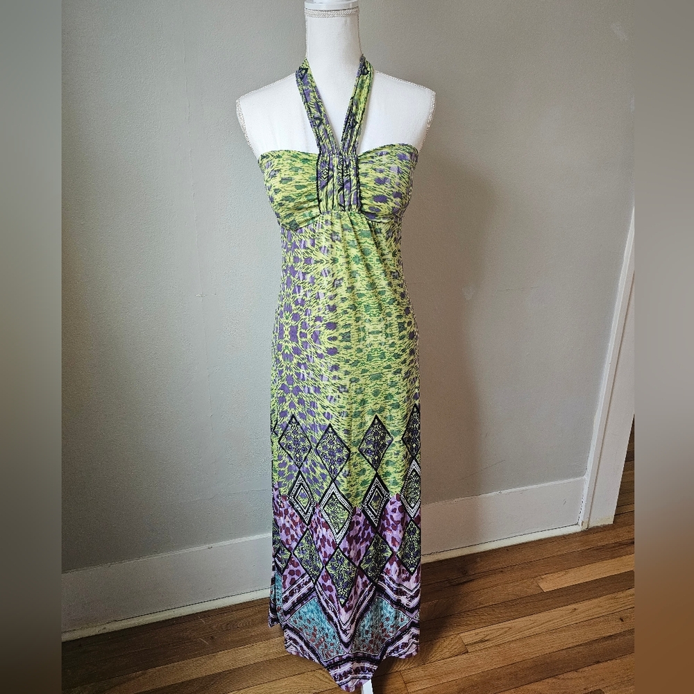 Bohemian Strapless Dress with Green and Purple Pattern